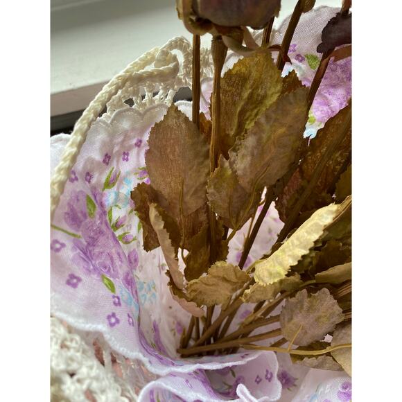 Dried Flowers in Crocheted Bucket, Matching Floral Handkerchief, Handmade! - Picture 4 of 10